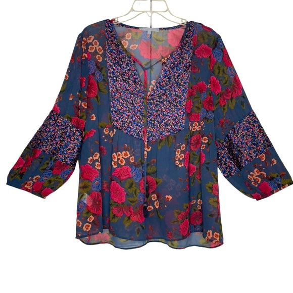 Daniel Rainn XXL Blue Floral Boho Peasant Blouse Sheer 3/4 Sleeve Tassel Tie - Picture 1 of 13